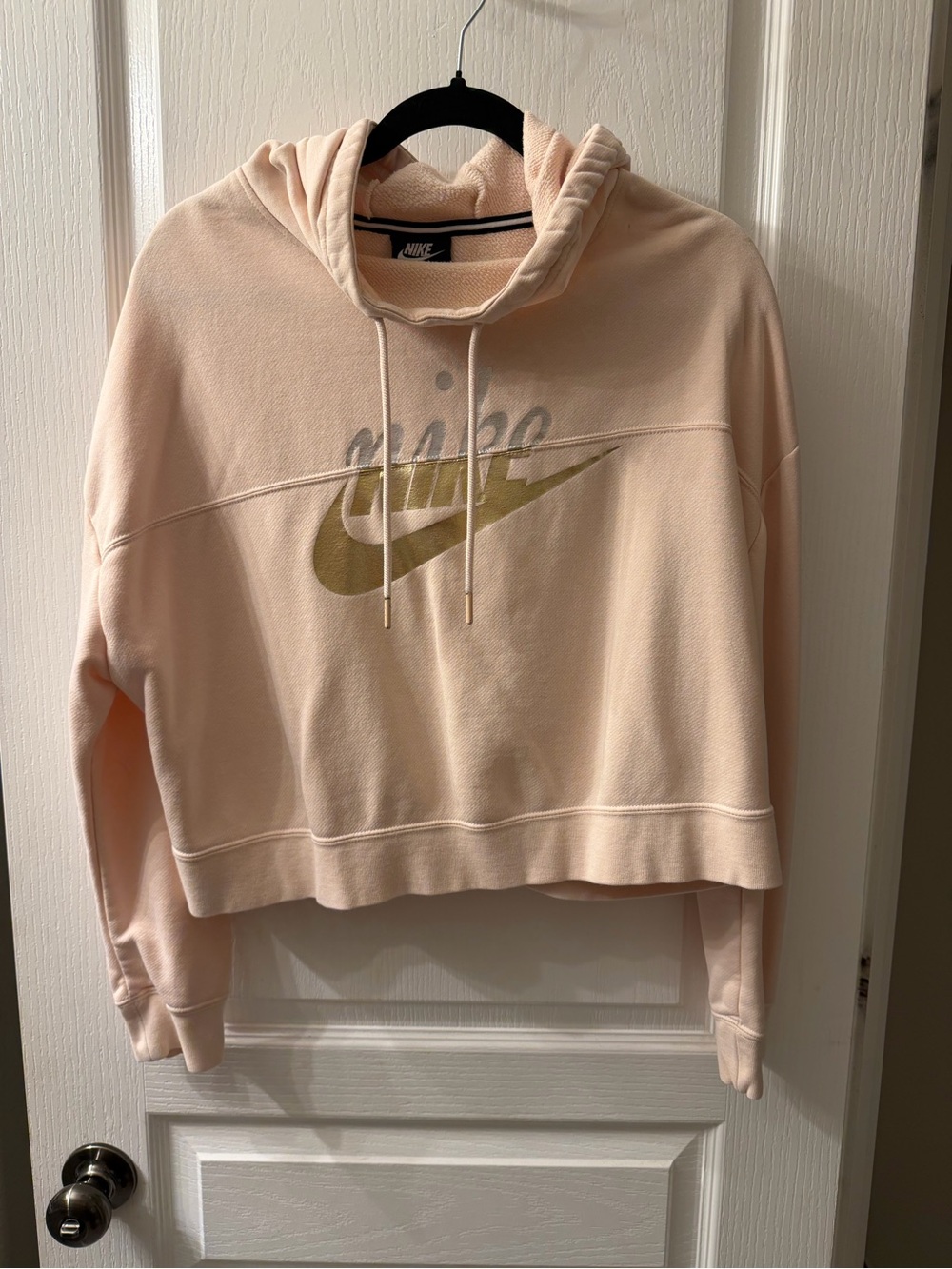 Nike Women's Peach Cropped Hoodie with Gold Swoosh